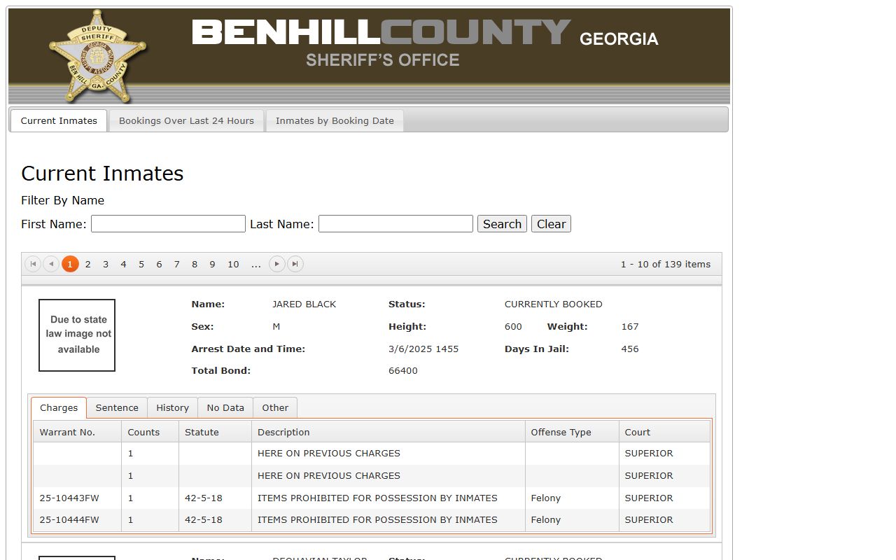 Ben Hill County inmate population official jail roster search interface